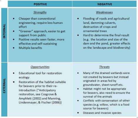 Table 1 SWOT analysis of the use of beaver as a tool for ecological restoration. Adapted from Wright, Jones, & Flecker (2002), Rosell et al. (2005), Byers et al. (2006), Biebighauser (2007), and Lake, Bond, & Reich (2007), Barrett (2009).  